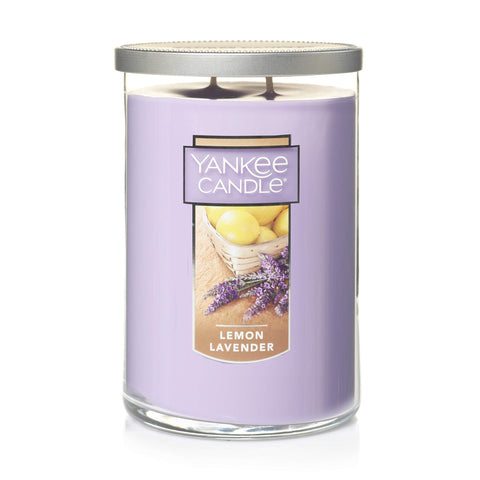 Yankee Candle lemon lavender front tumbler showing label and lid, elegant decor benefit