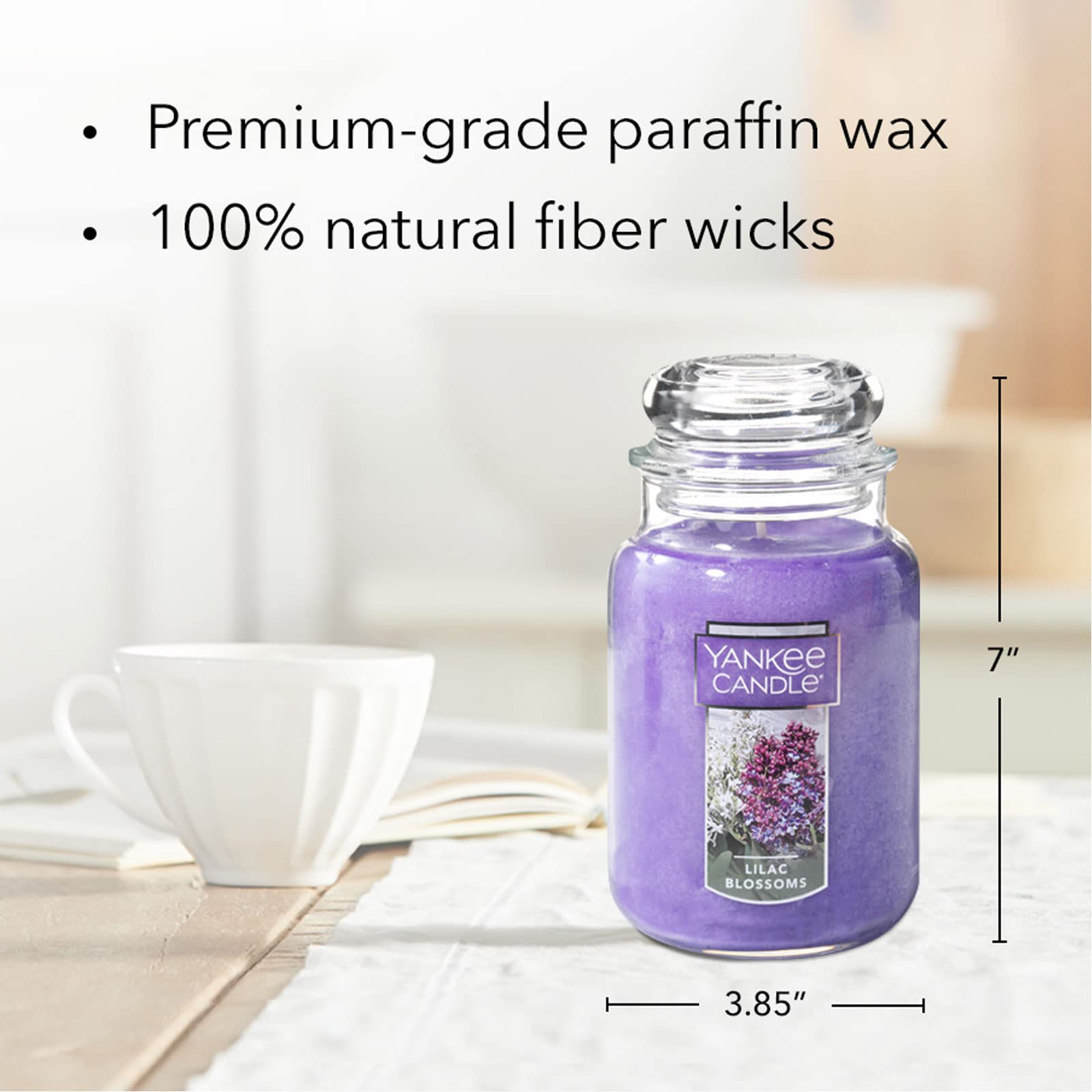 Yankee Candle lilac blossoms label and ingredients panel, indicating authentic fragrance sourcing