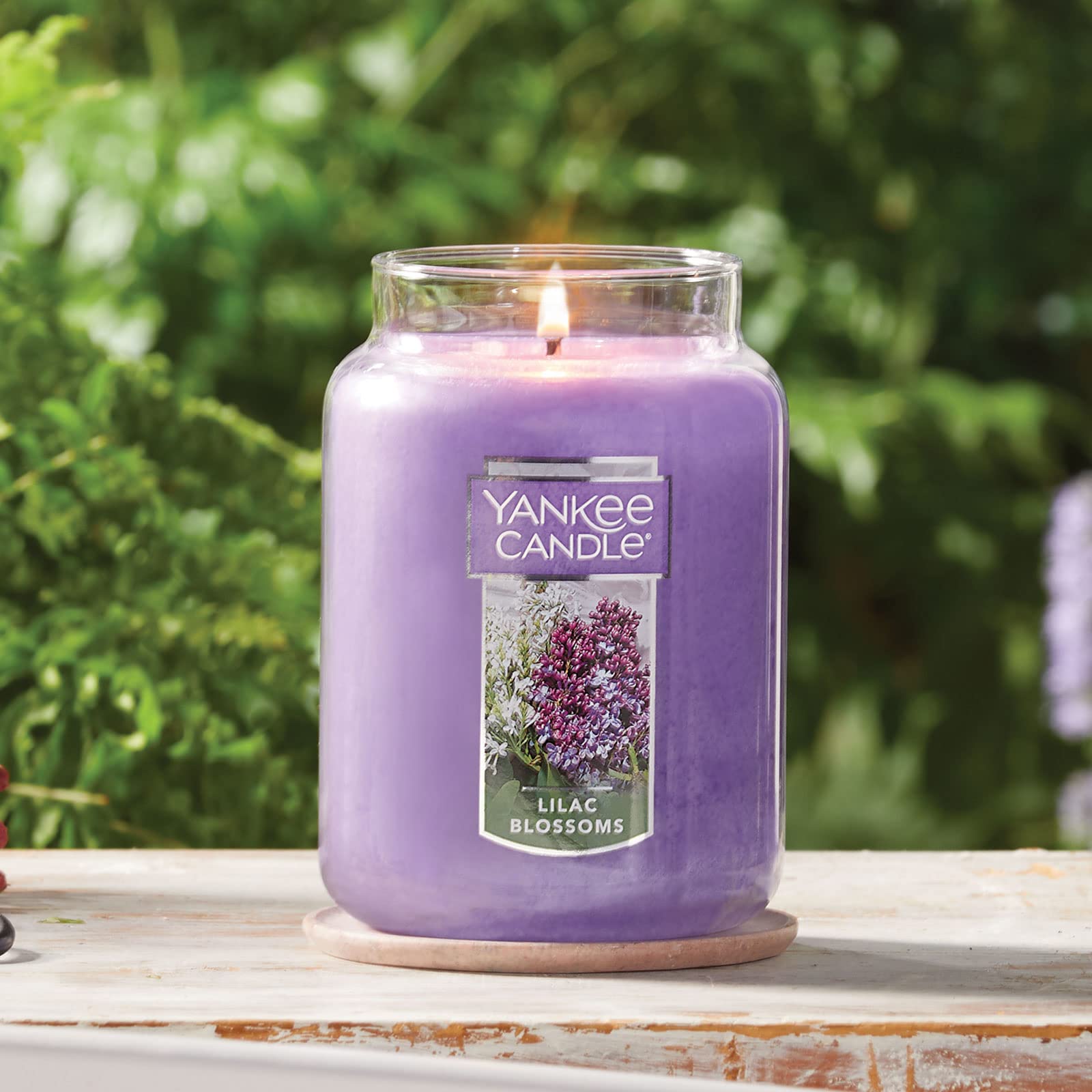 Yankee Candle lilac blossoms size comparison with book, showing the 22oz scale for room coverage
