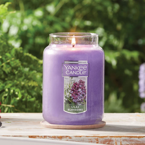 Yankee Candle lilac blossoms size comparison with book, showing the 22oz scale for room coverage