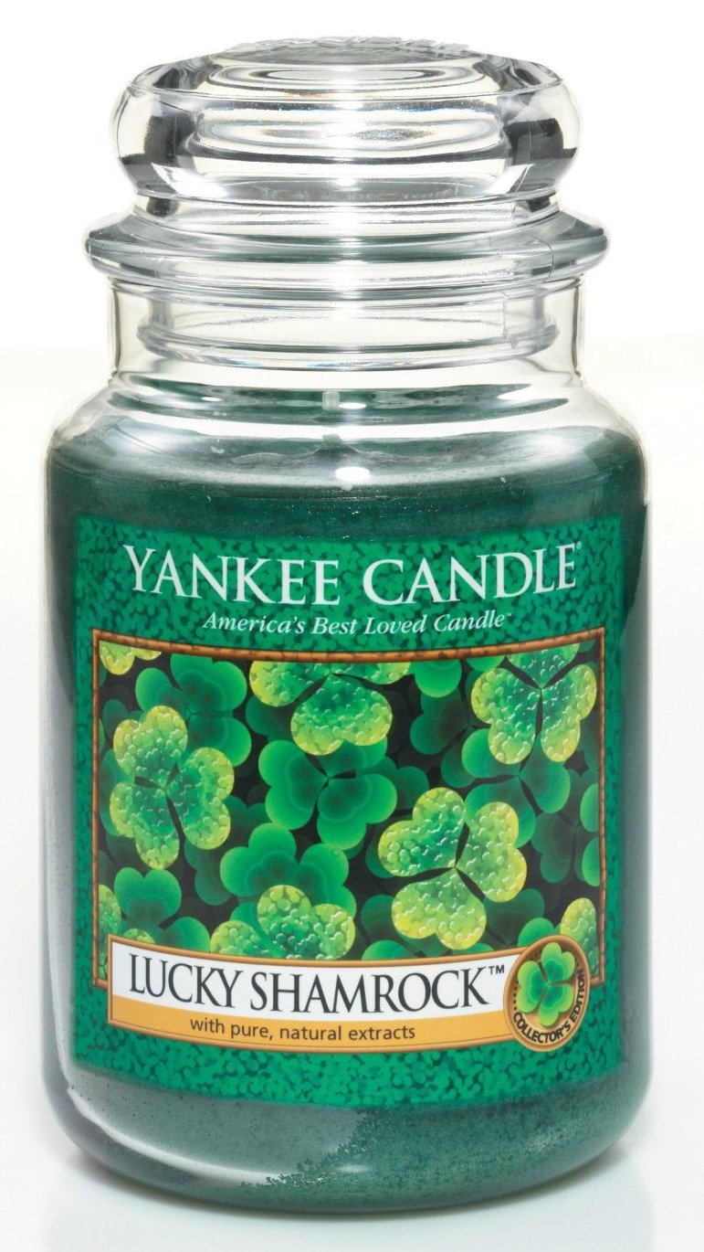 Yankee Candle Lucky Shamrock front jar view shows green label and fresh scent benefit