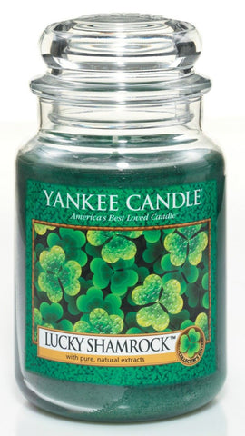 Yankee Candle Lucky Shamrock front jar view shows green label and fresh scent benefit