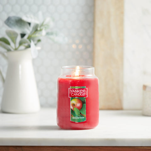 Yankee Candle Macintosh held in hand to show 22-ounce scale and long-lasting burn