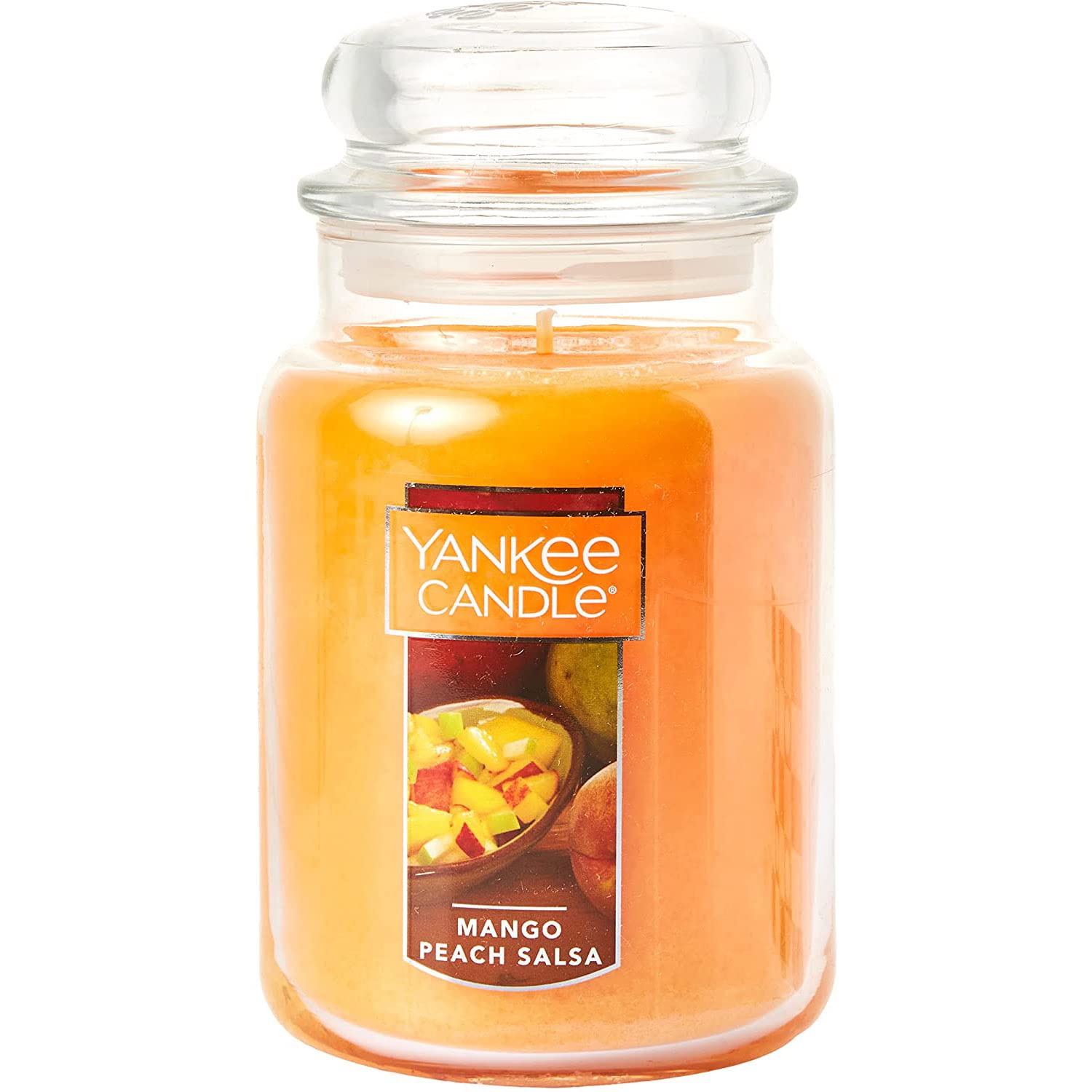 Yankee Candle front view of jar showing mango peach salsa fragrance and decor appeal