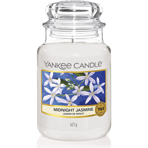 Yankee Candle Midnight Jasmine front packaging showing label and jar benefit long-lasting aroma