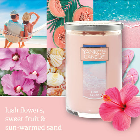 Yankee Candle Pink Sands brushed metal lid displayed to preserve fragrance and style