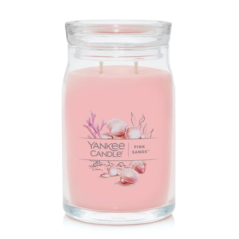 Yankee Candle Pink Sands front packaging shows jar and label, adds stylish scent to room