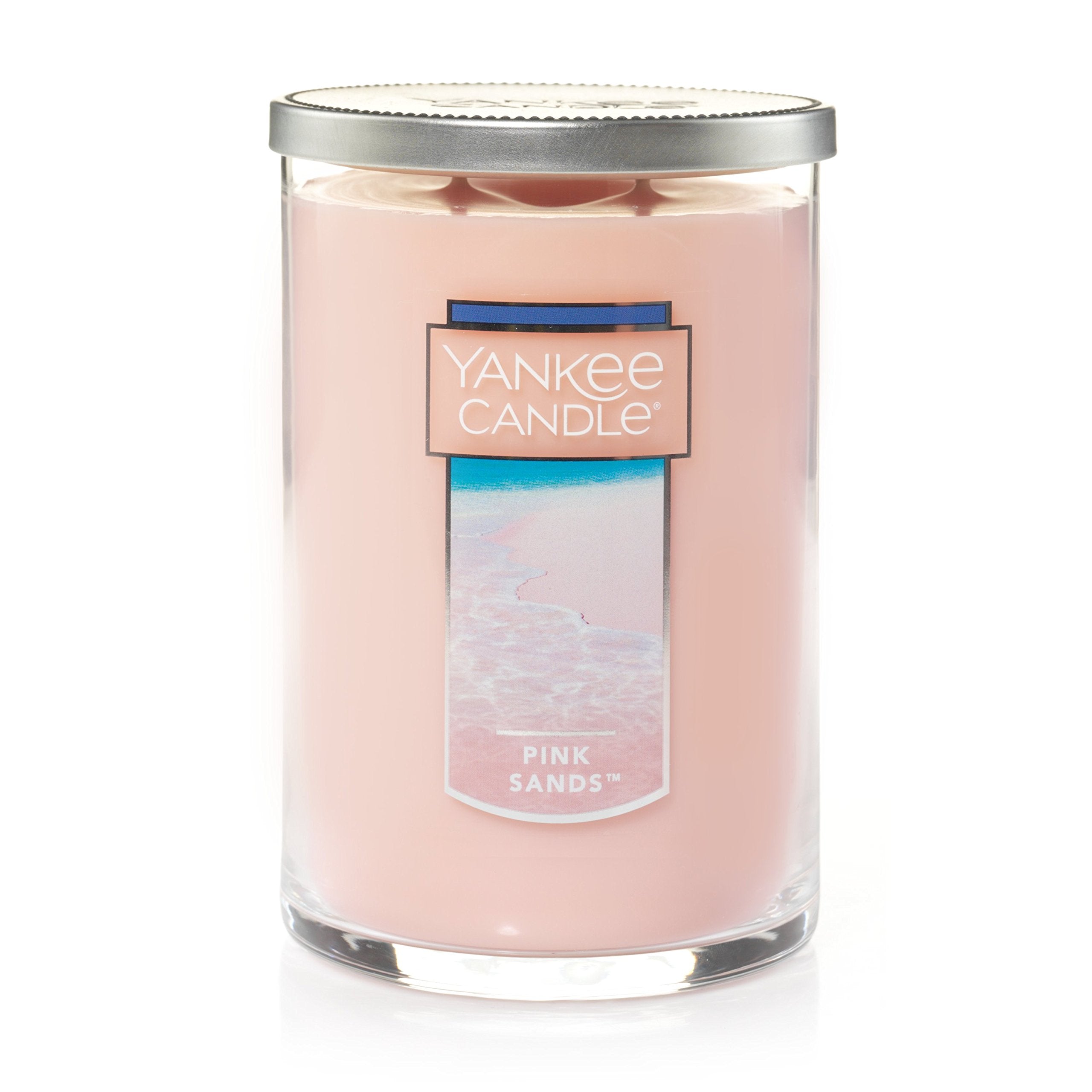 Yankee Candle Pink Sands front view showing elegant glass tumbler and decorative look