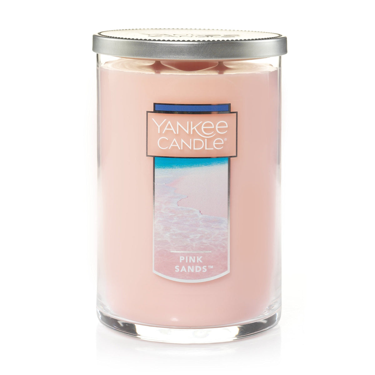 Yankee Candle Pink Sands front view showing elegant glass tumbler and decorative look