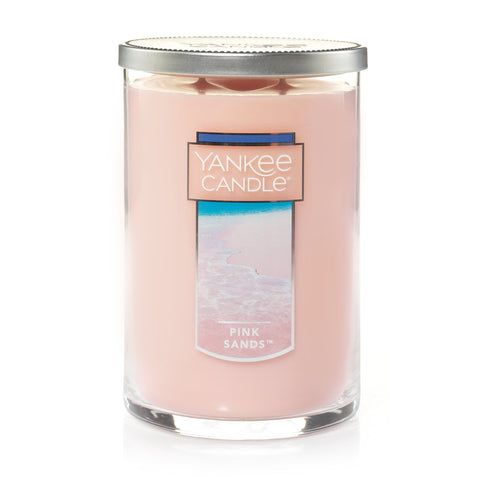 Yankee Candle Pink Sands front view showing elegant glass tumbler and decorative look