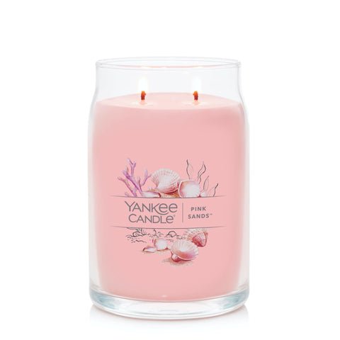 Yankee Candle Pink Sands top view displaying two cotton wicks for even burn