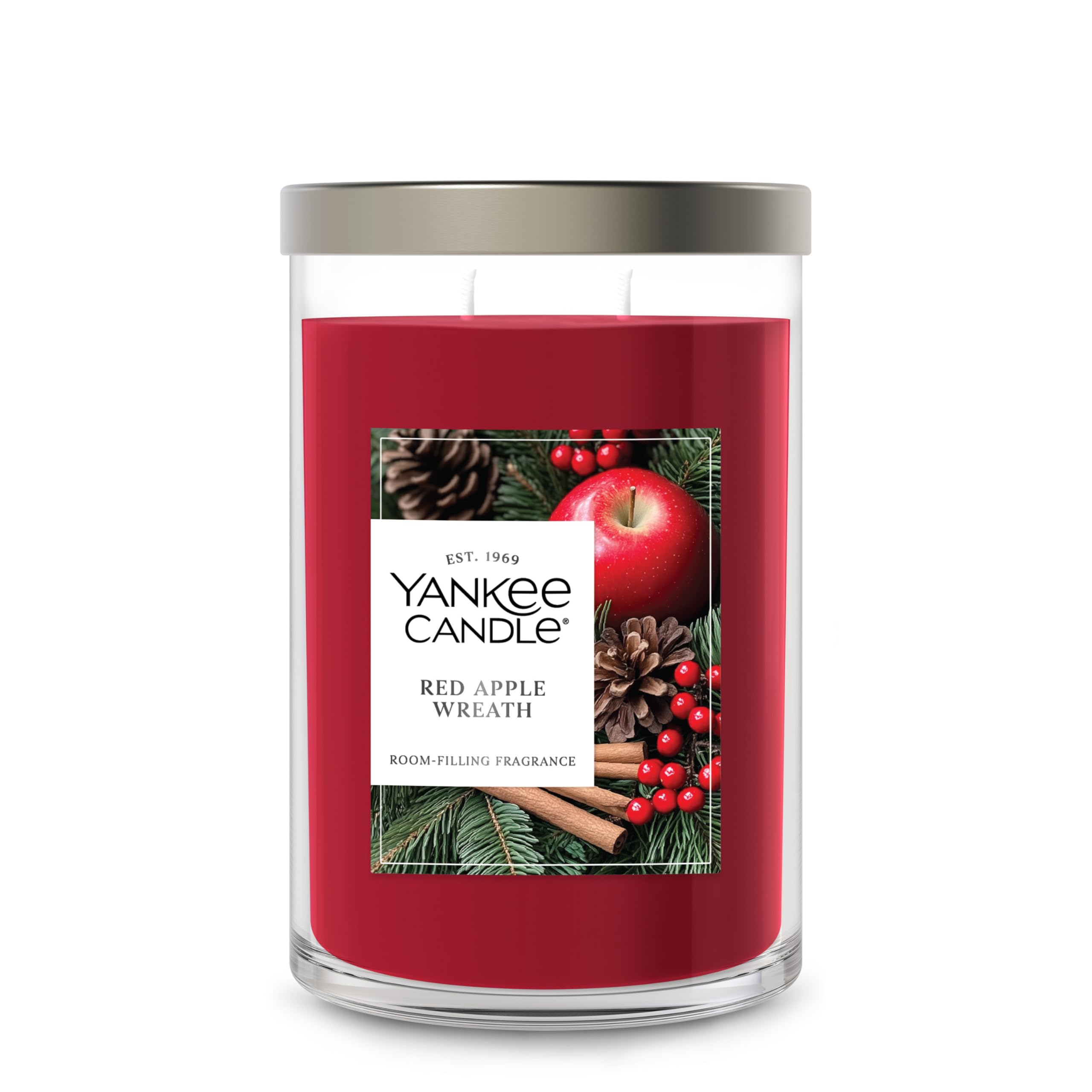 Yankee Candle front packaging showing Red Apple Wreath label and glass jar, decorative appeal