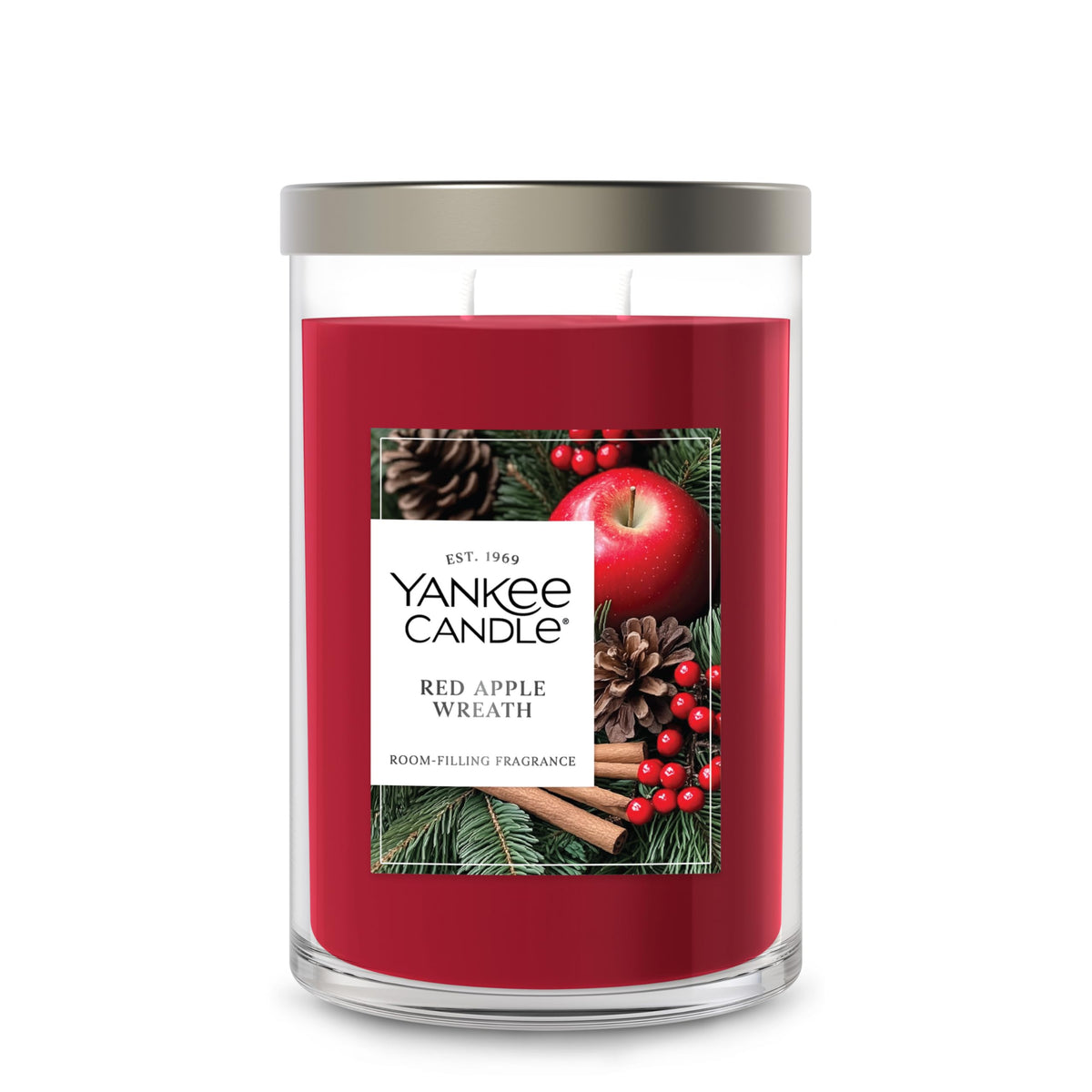 Yankee Candle front packaging showing Red Apple Wreath label and glass jar, decorative appeal