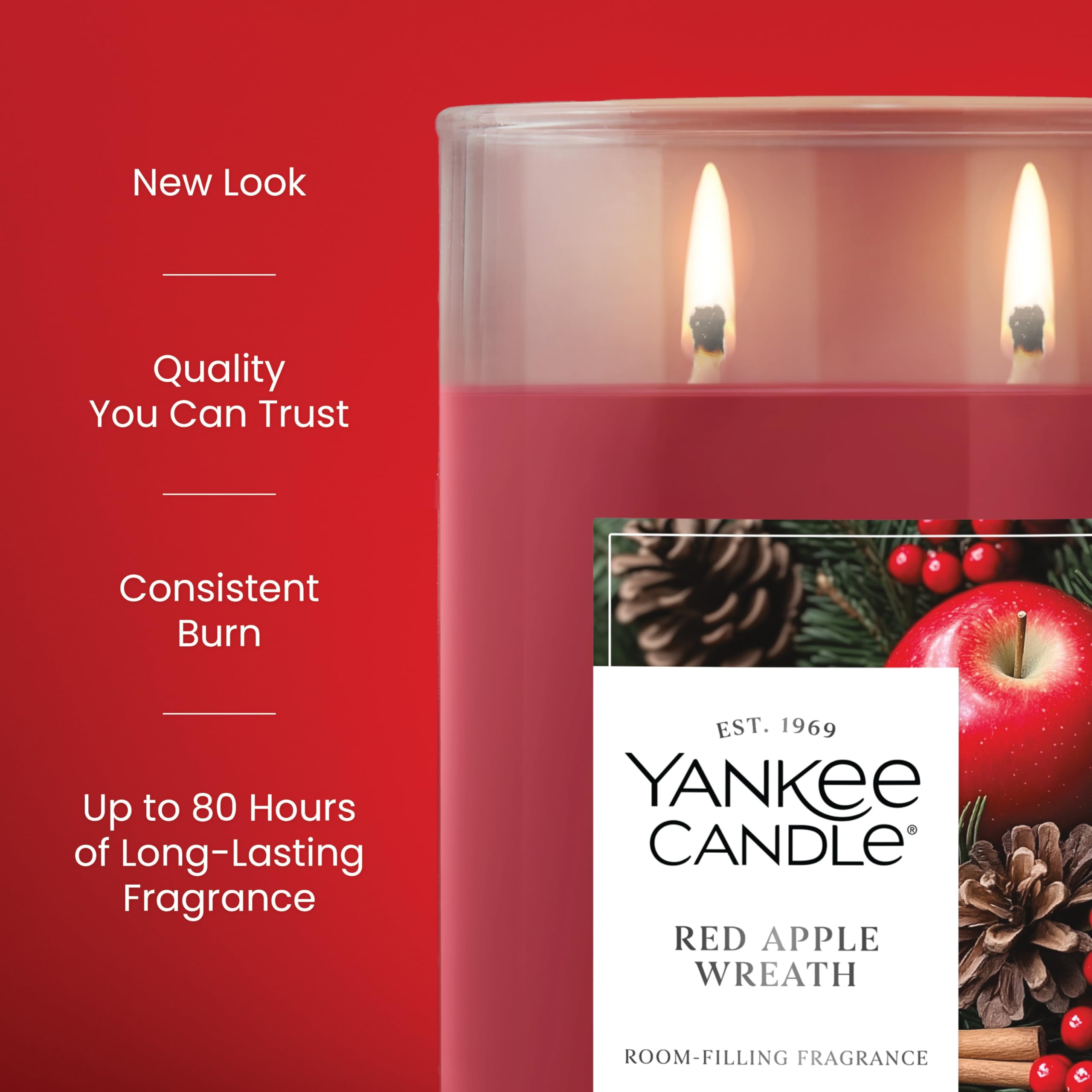 Yankee Candle two-wick closeup in Red Apple Wreath for even burn and steady fragrance