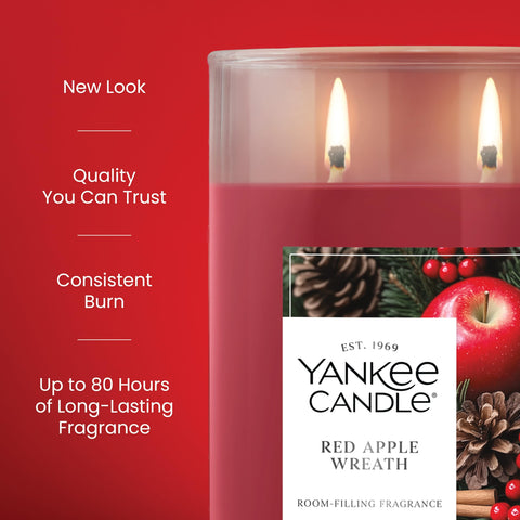 Yankee Candle two-wick closeup in Red Apple Wreath for even burn and steady fragrance