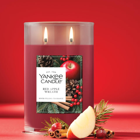 Yankee Candle vibrant red wax and hand-illustrated label of Red Apple Wreath, visual quality