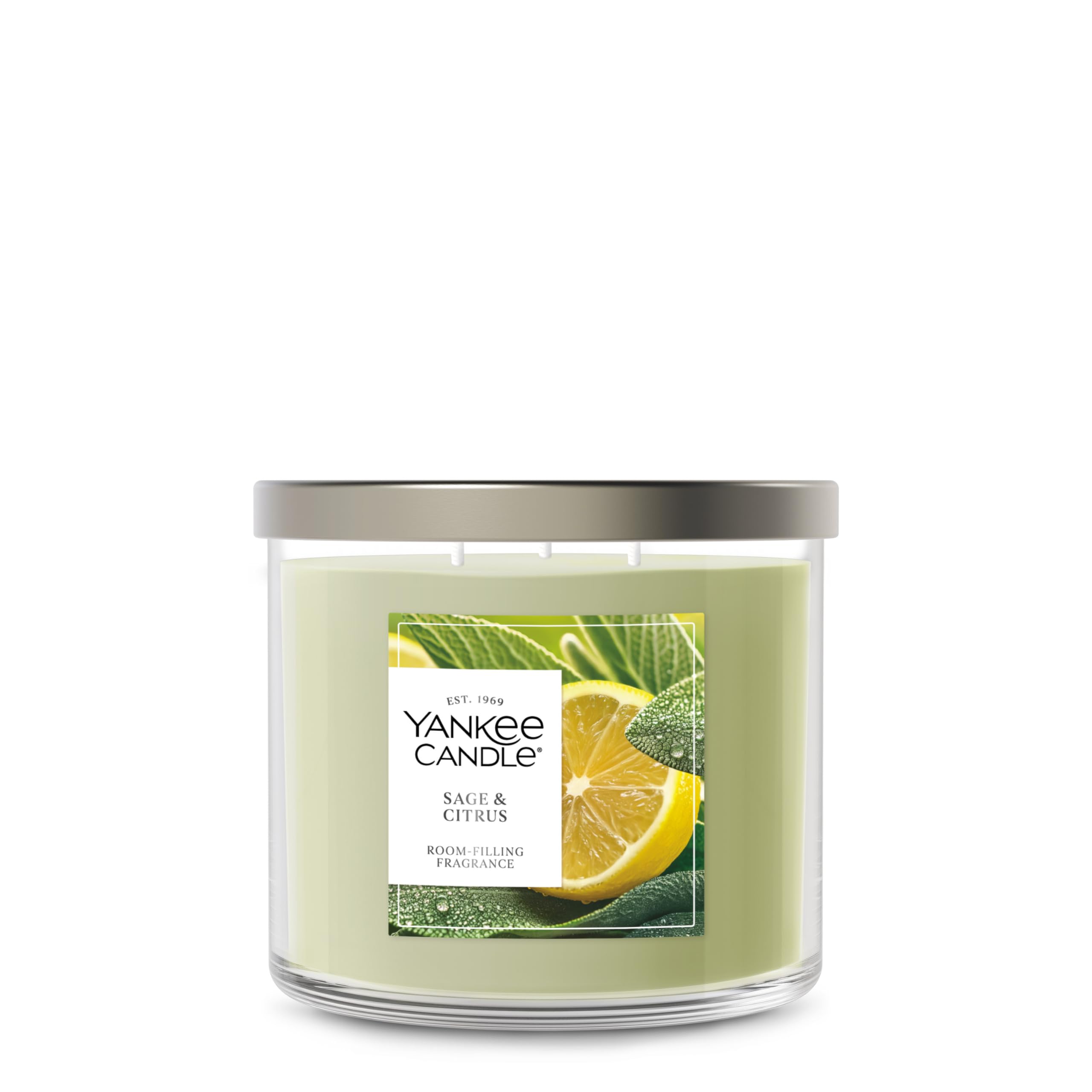 Yankee Candle sage & citrus front view showing jar and label for a fresh home scent