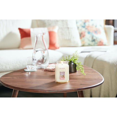 Yankee Candle lit Sakura Blossom jar candle setting a warm, inviting atmosphere