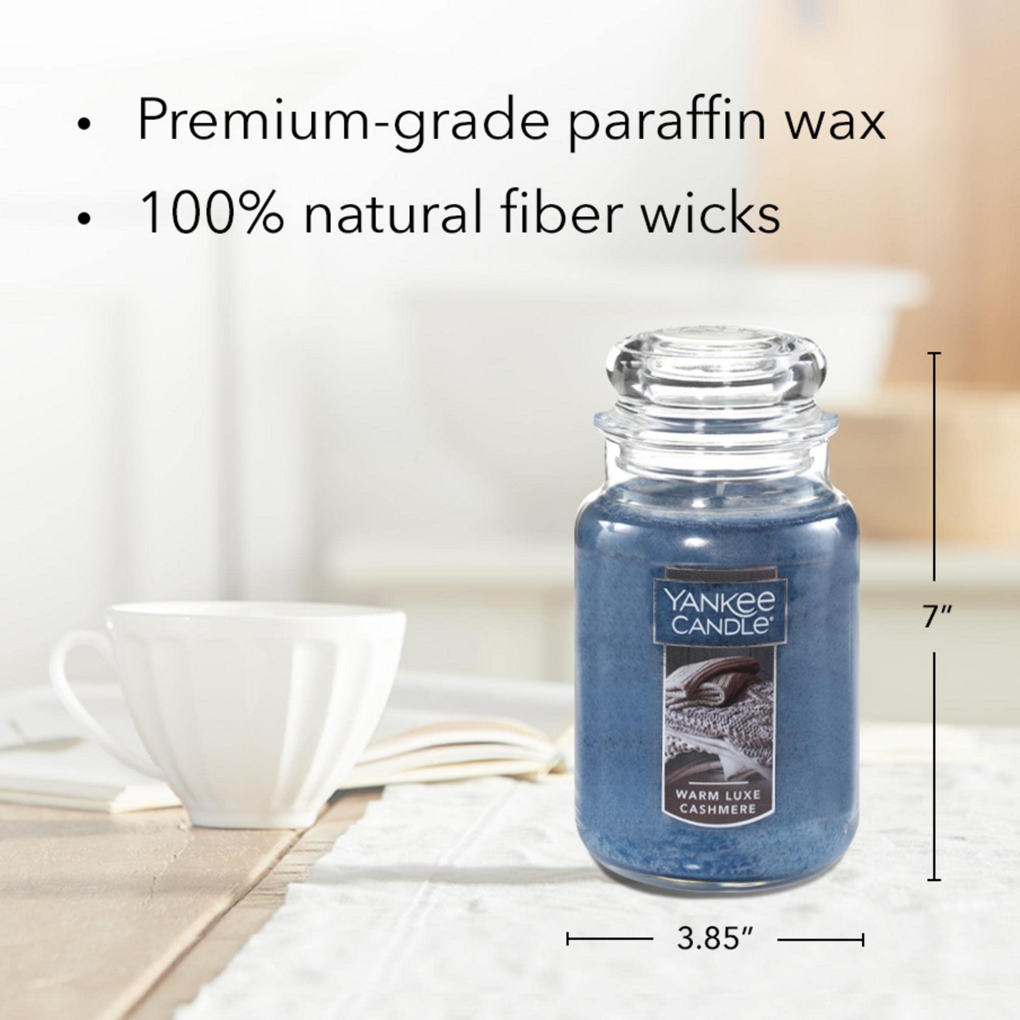 Yankee Candle close-up of Warm Luxe Cashmere label highlighting premium print benefit: craftsmanship