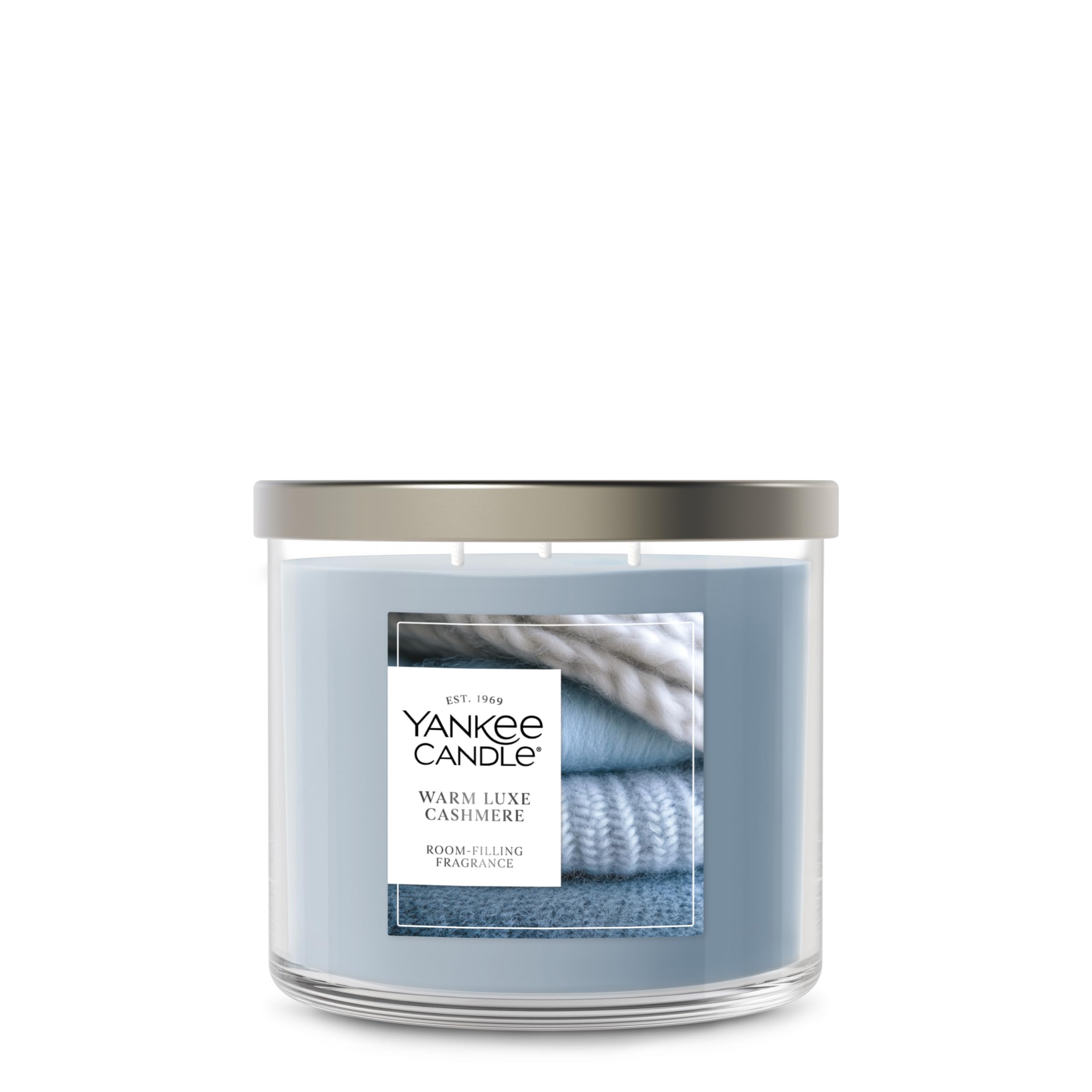 Yankee Candle front jar view showing warm cashmere scent and stylish display benefit
