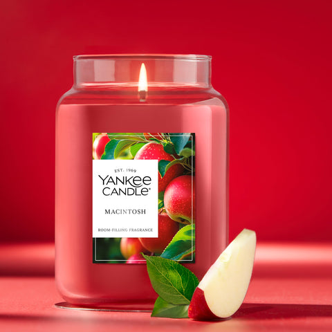 Yankee Candle Macintosh label detail highlighting brand and fragrance notes