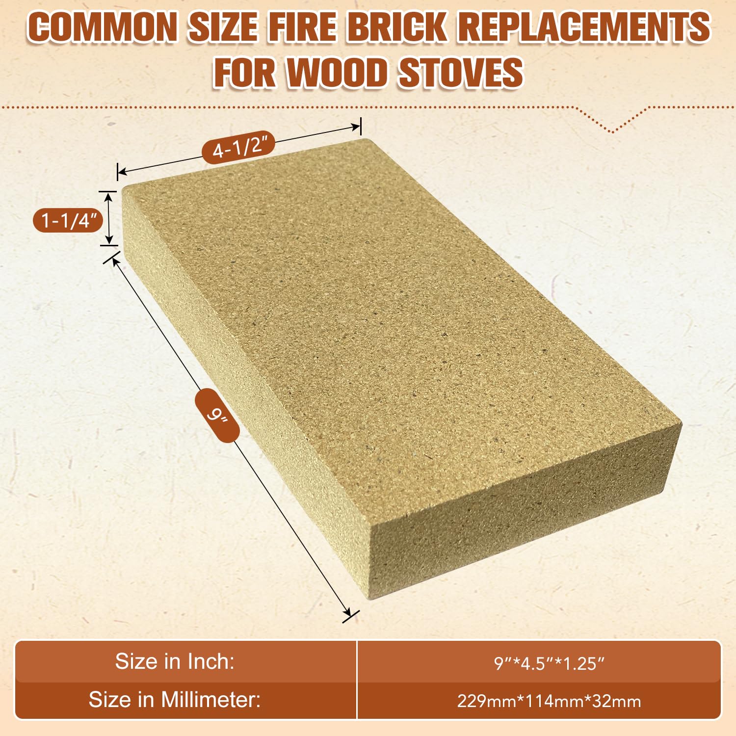YANRUIPRO fire brick next to ruler showing 9x4.5x1.25 inches for accurate sizing