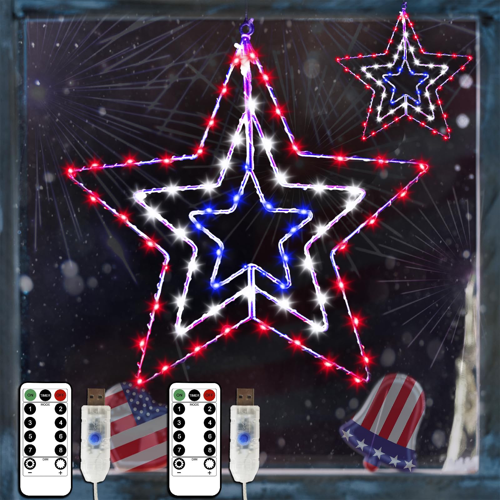 YAOZHOU front view of two red white blue star lights showing patriotic decor benefit