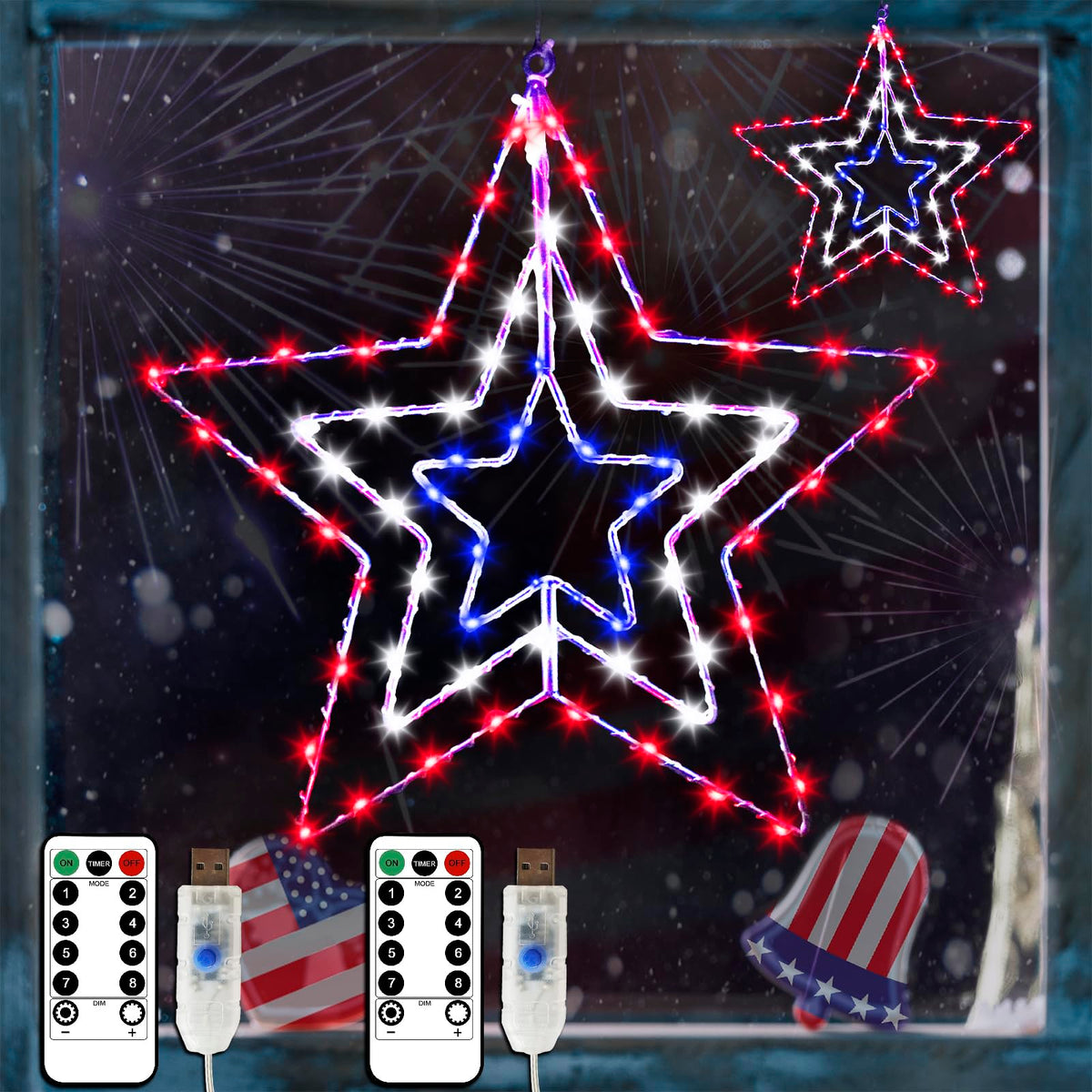 YAOZHOU front view of two red white blue star lights showing patriotic decor benefit