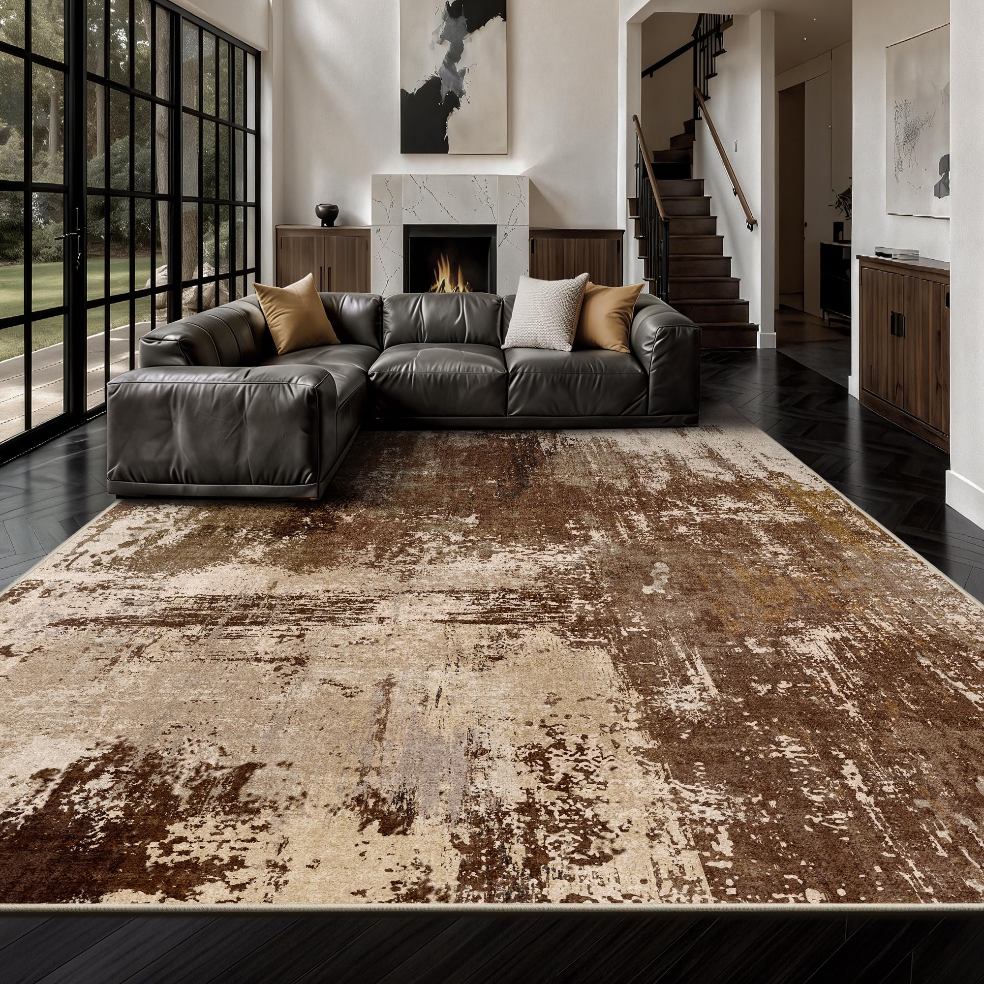 Yarooge front view brown abstract rug showing modern design and quick room refresh benefit