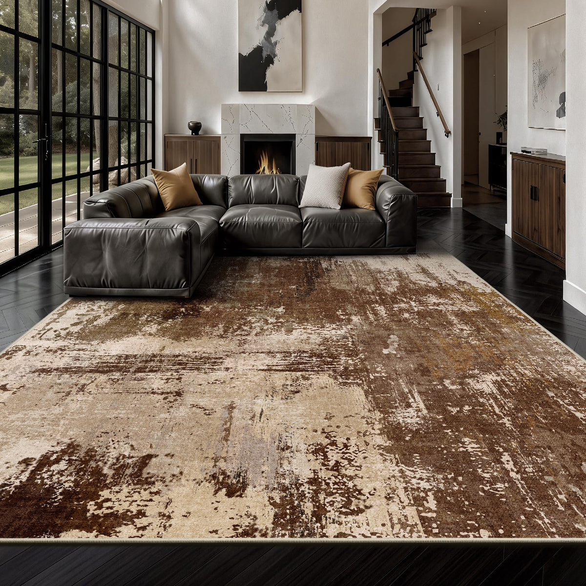 Yarooge front view brown abstract rug showing modern design and quick room refresh benefit