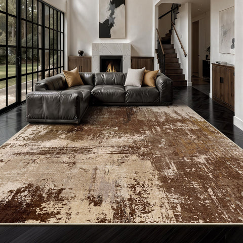 Yarooge front view brown abstract rug showing modern design and quick room refresh benefit