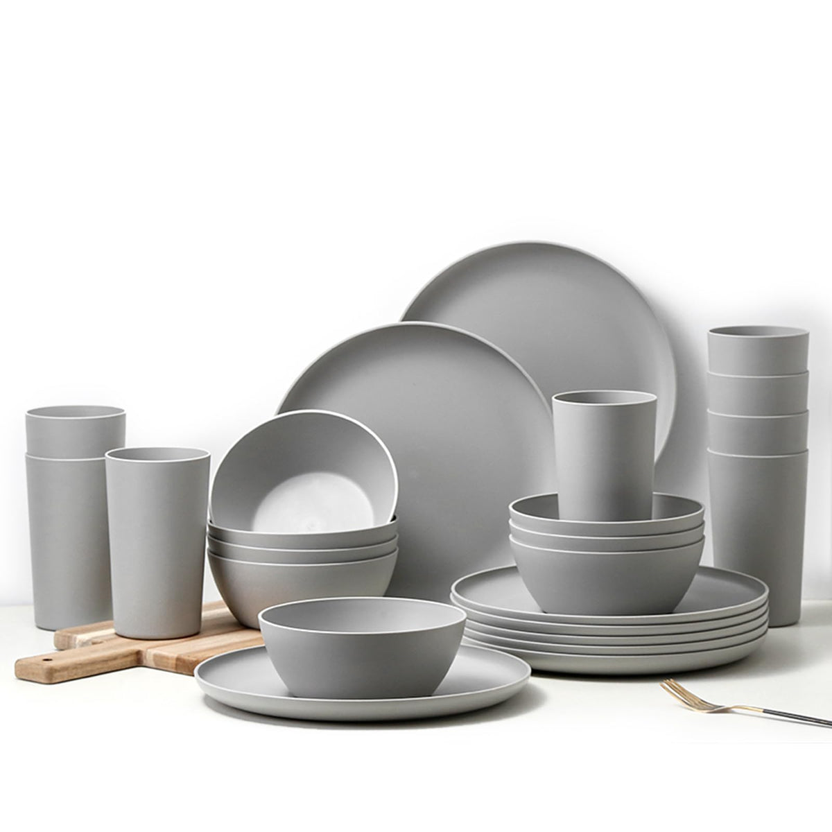 Yarrggu front view of the complete 24-piece gray dinnerware set showing all pieces
