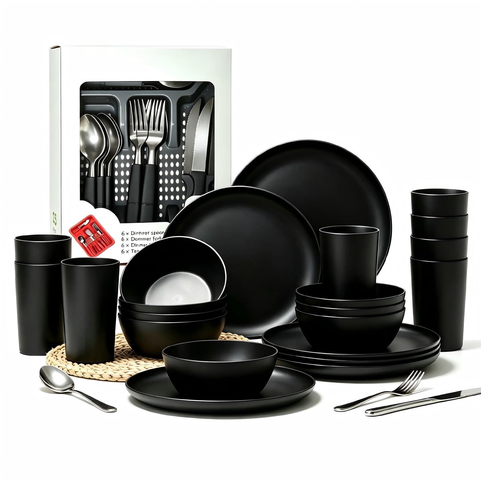 Yarrggu front packaging showing full matte black 24-piece set and bonus cutlery — durable convenience
