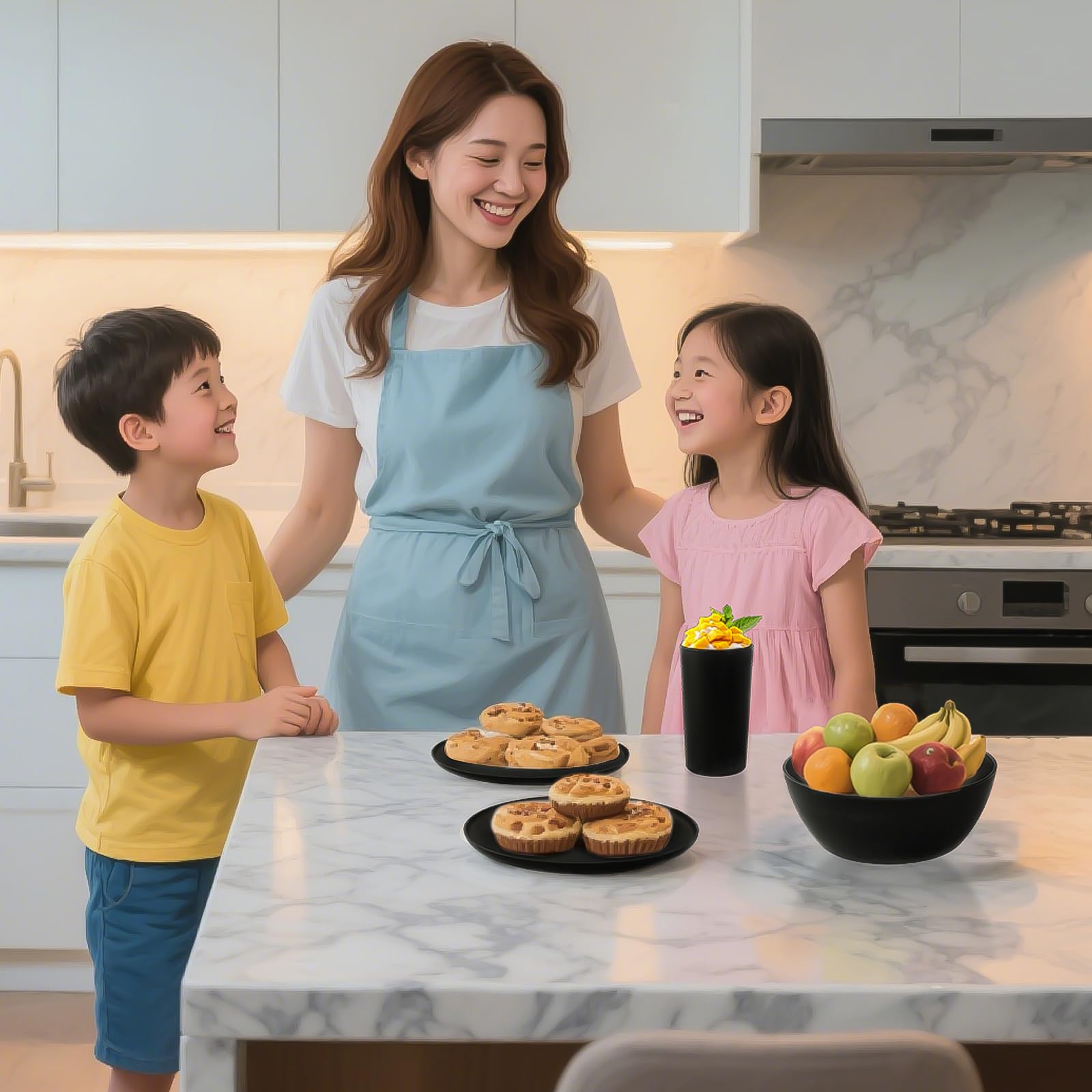 Yarrggu dinnerware next to utensils showing scale and family-ready sizes