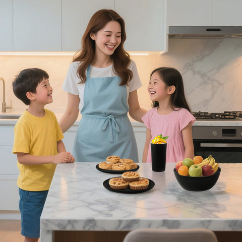 Yarrggu dinnerware next to utensils showing scale and family-ready sizes