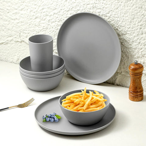 Yarrggu stacked plates and bowls demonstrating space-saving storage advantage