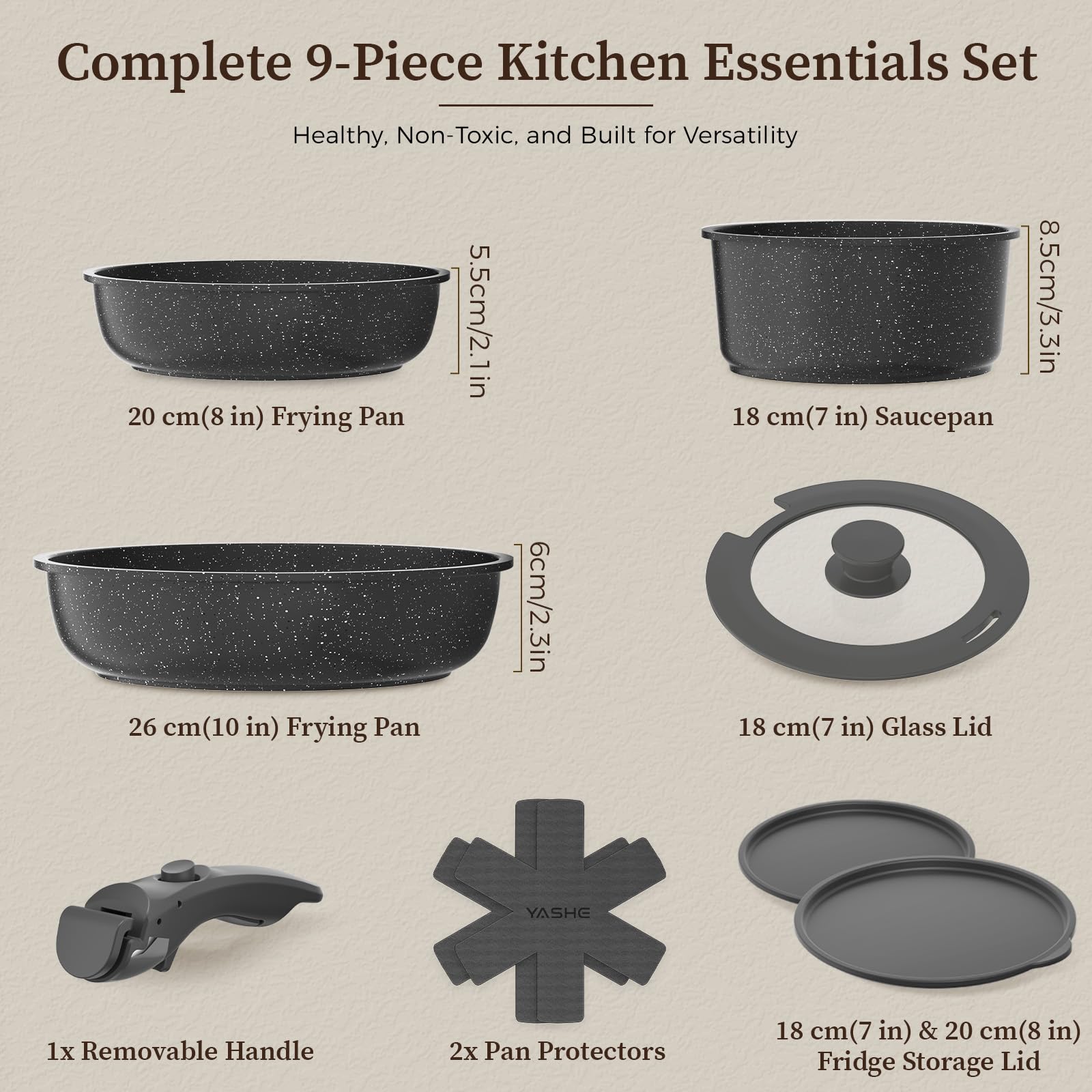 YASHE pans stacked neatly to save cabinet space for small kitchens