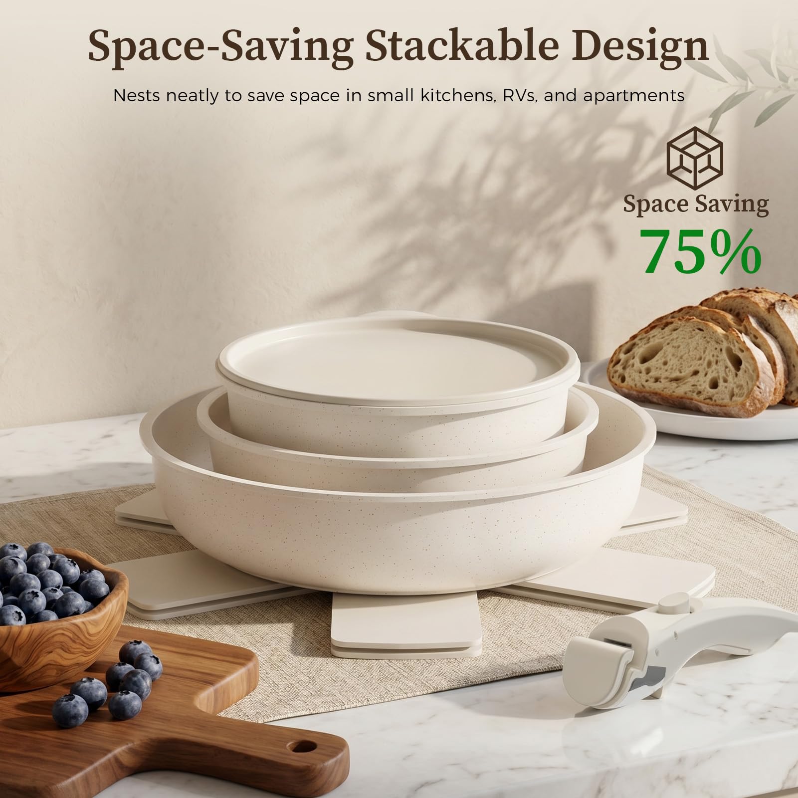 YASHE stacked nesting set inside a cabinet showing space-saving organization benefit