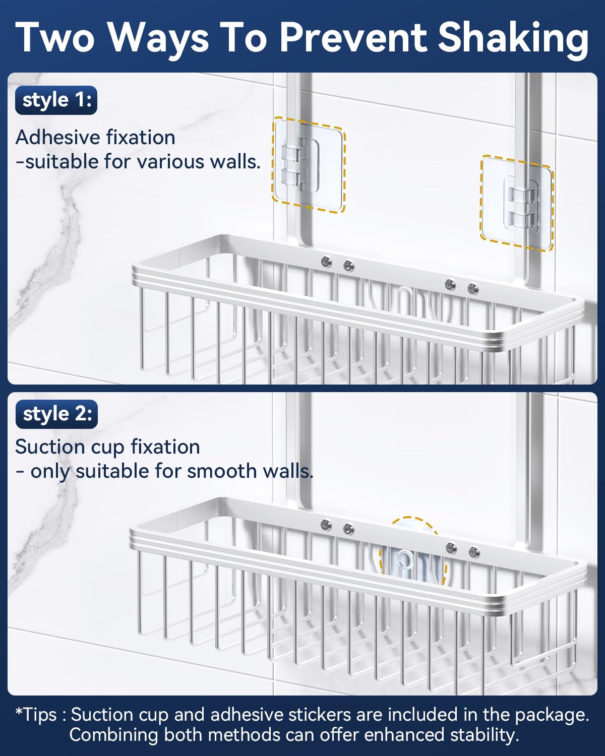 YASONIC adhesive pads and suction clip securing caddy to smooth wall