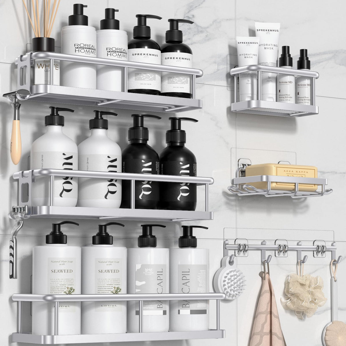YASONIC front view of six-piece shower caddy set showing shelves and accessories, tidy storage benefit