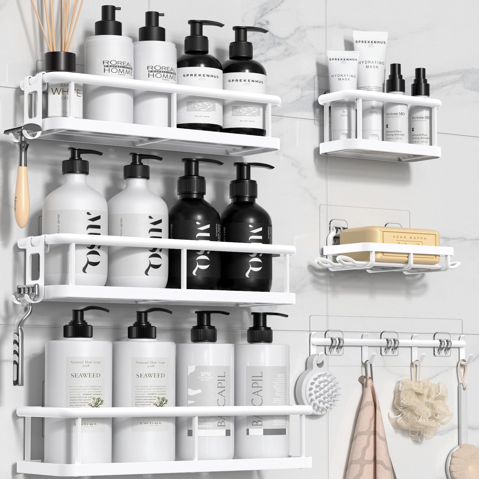 YASONIC front packaging showing complete 6-piece shower caddy kit benefits