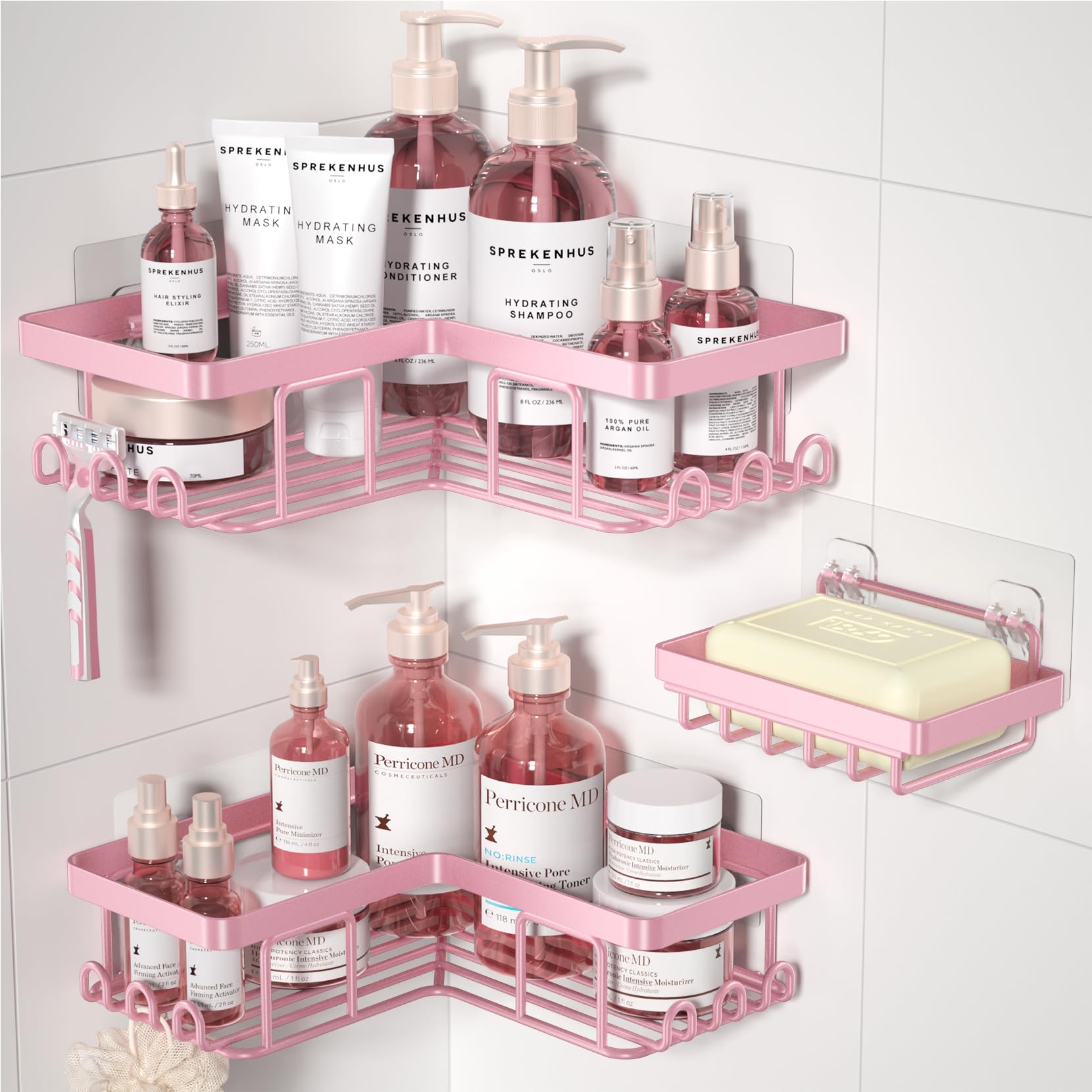YASONIC front view of pink corner caddy showing neat storage benefit