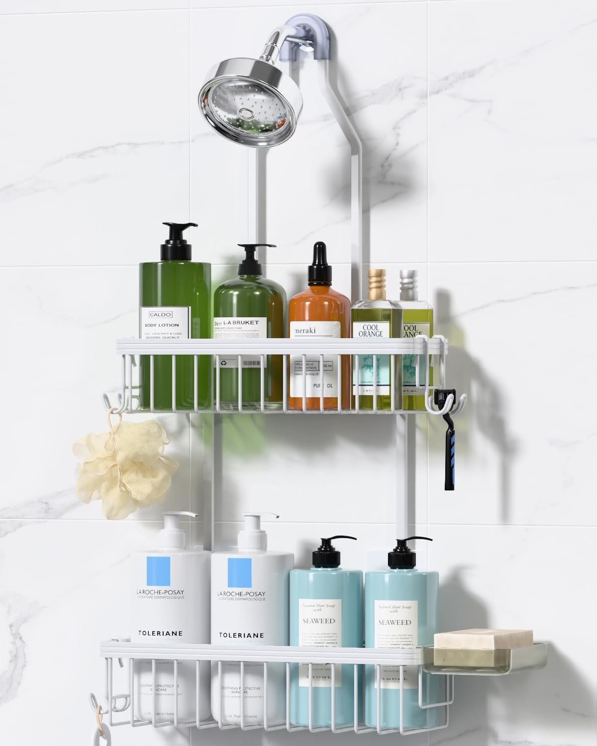 YASONIC front view of hanging shower caddy showing organized storage and tidy bathroom benefit