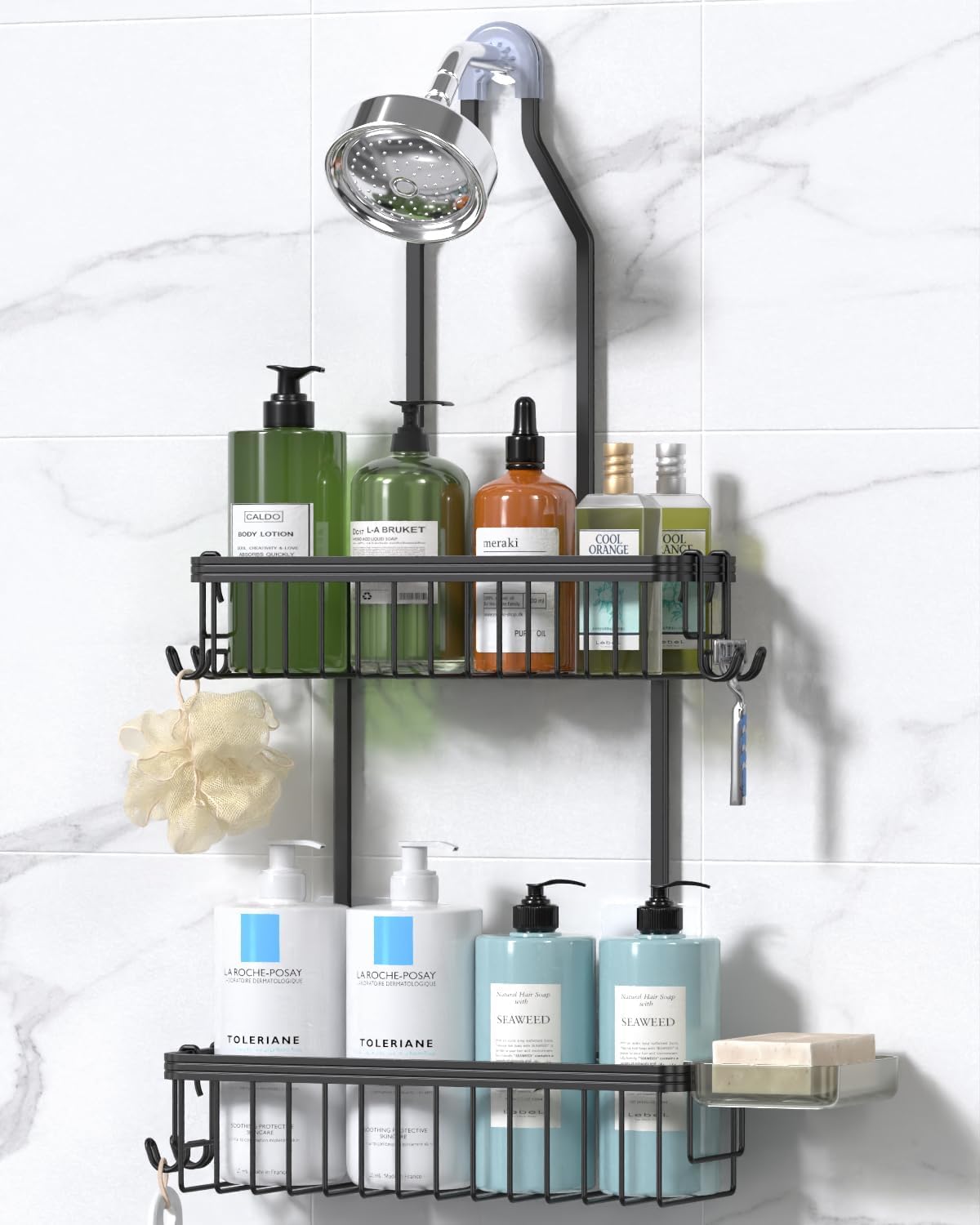 YASONIC front view of black two-tier hanging shower caddy showing organized bottles and hooks