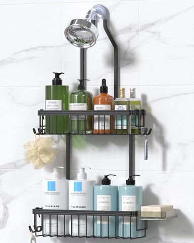 YASONIC front view of black two-tier hanging shower caddy showing organized bottles and hooks