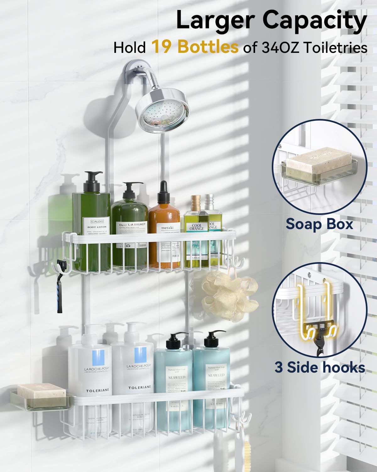 YASONIC shower shelf loaded with bottles showing easy access and space-saving benefit