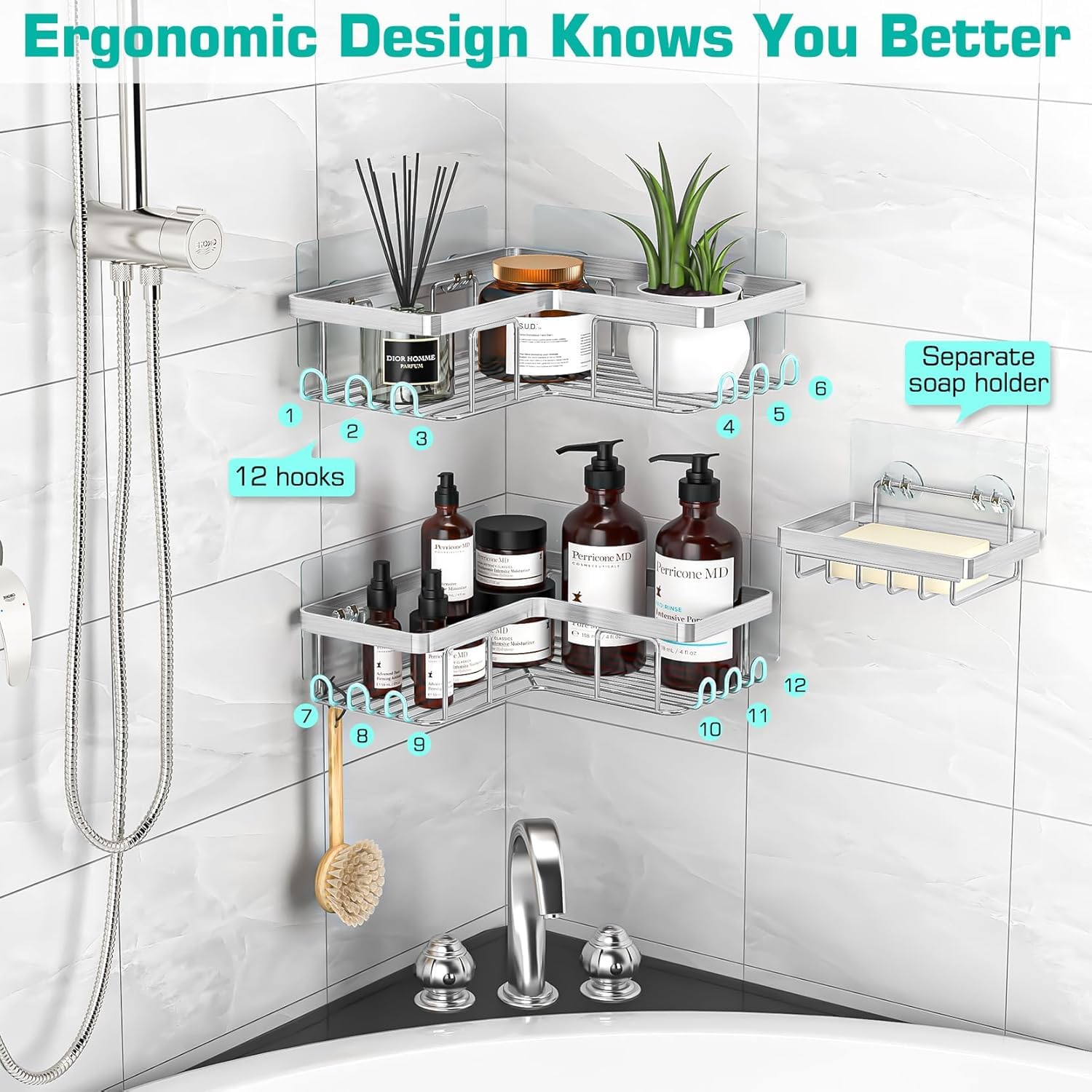 YASONIC soap holder and 12 hooks detail keeping accessories tidy