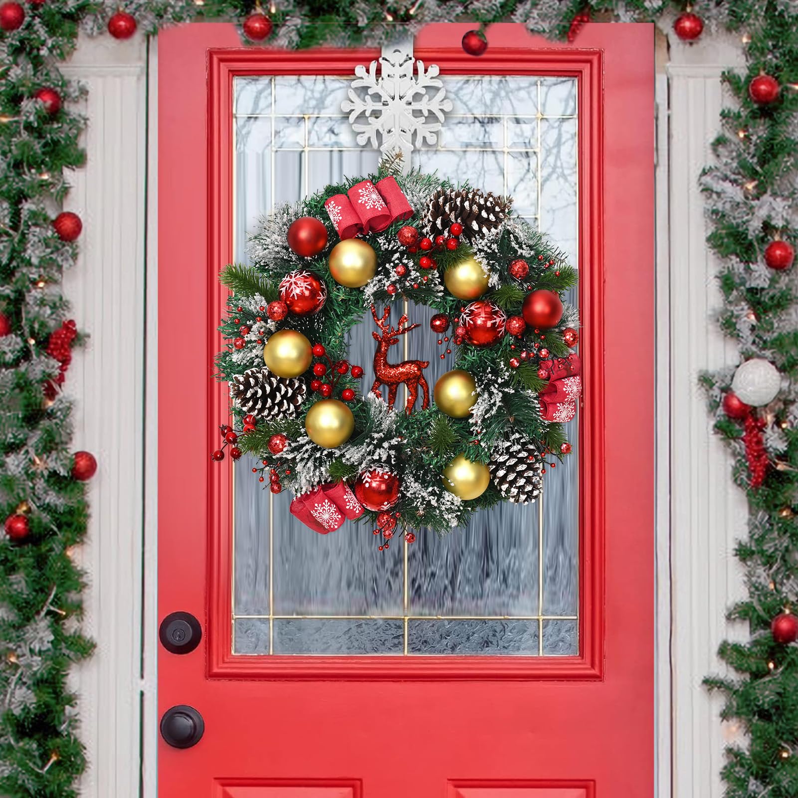Yastouay lit wreath on porch creating cozy evening ambiance