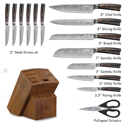 Yatoshi pull-apart scissors and steak knives displayed for table use and convenience