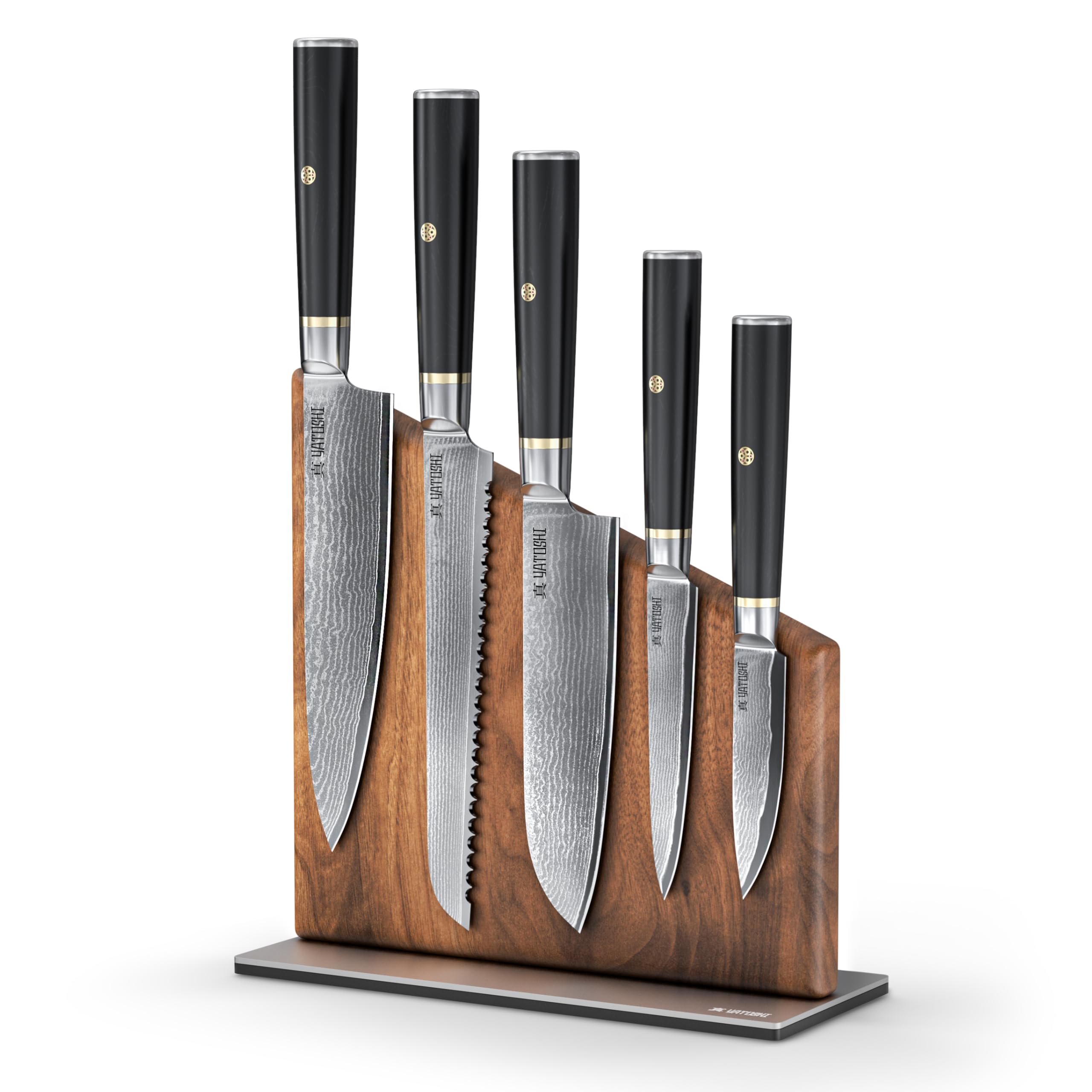 Yatoshi Knives front set display showing all six pieces and magnetic block for organized storage